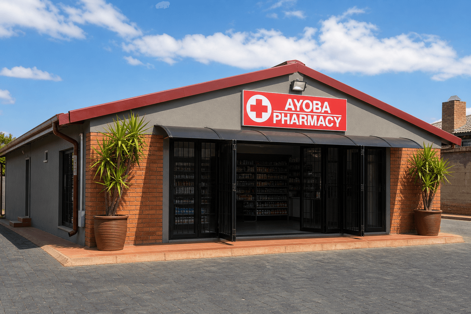 Illustrative render of the Ayoba Pharmacy Raslouw storefront